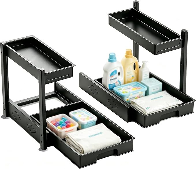 BLULEE 2 Tier Under Sink Organizer, Adjustable Cabinet Storage Rack（2 PACK） | Under the sink organizer for kitchen organization. Heavy duty metal frame clears bathroom vanity pipes safely.