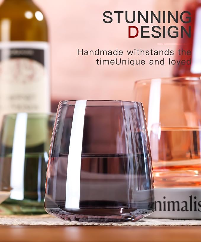 comfit Stemless Colored Wine Glasses Set of 6-15oz Colorful Wine Glasses,Perfect Red Wine Glass Stemware for Wine Lover in Wedding,Engagement Gifts