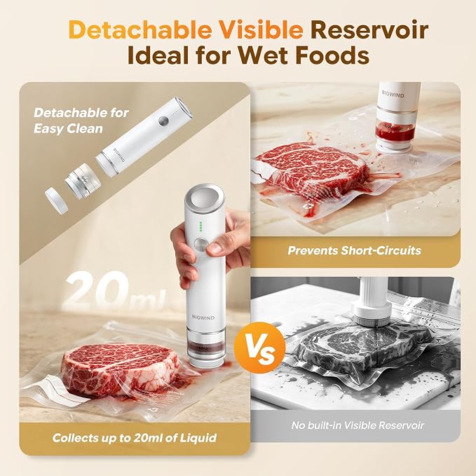 Compact Vacuum Sealer for Food (Vacuum Sealer Machine + 45 Reusable Vacuum Bags) Powerful Portable Vacuum Sealer with Detachable Visible Reservoir, Handheld Food Vacuum Sealer for Travel & Kitchen