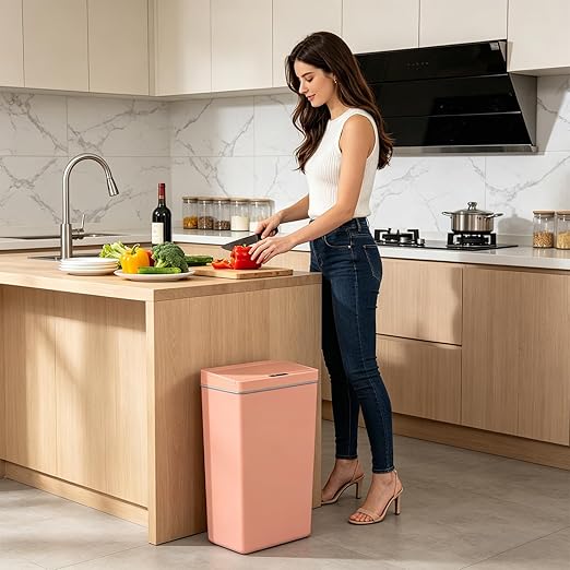 PayLessHere 13 Gallon 50 L Trash Can with Lid Plastic Kitchen Trash Bin Automatic Touch Free Motion Sensor Trash Can (1, Pink)
