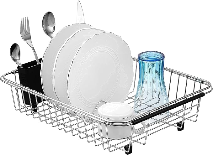 iPEGTOP Expandable Dish Drying Rack, Over The Sink Dish Rack, in Sink Or On Counter Dish Drainer with Black Utensil Holder Cutlery Tray, Rustproof Stainless Steel for Kitchen
