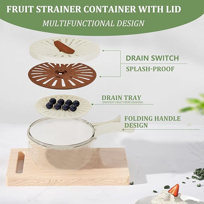 Multifunctional Fruit Washing Bowl with Strainer, 2 in 1 Drain Basket and Fruit Strainer Container with Lid, Fruit Washer Bowl for Kitchen, Fridge, Picnic & Camping, 1QT (1000ML)