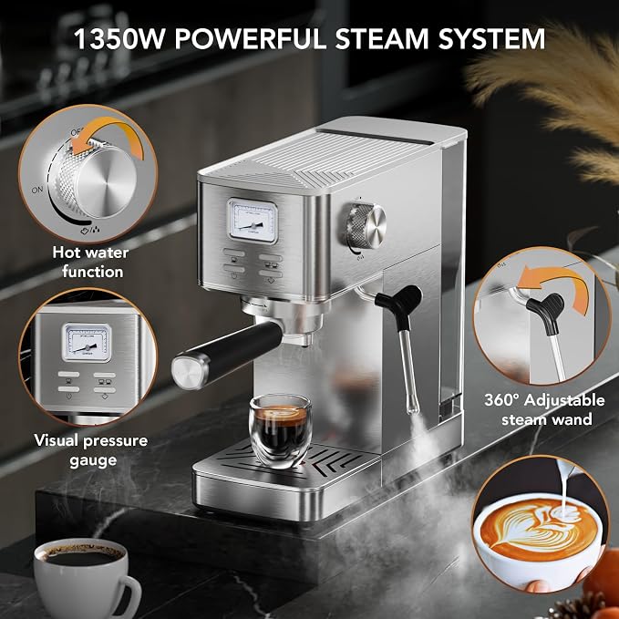 COWSAR Espresso Machine 20 Bar, Compact Espresso Maker with Milk Frother, Visual Pressure Gauge, Commercial Coffee Machine, 47oz Removable Tank/Capsule Funnel, for Cappuccino, Latte, Stainless Steel