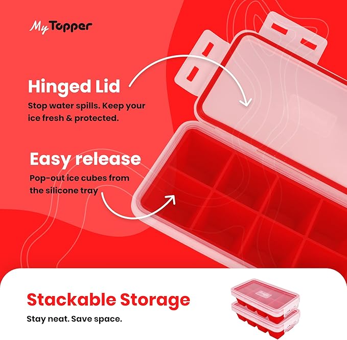 IceTopper XL Ice Cube Tray with Attached Lids - Easy Release Ice Cube Molds, 8 Large Cubes per Tray, Stackable, Microwave & Dishwasher Safe, 100% Food Grade Silicone, BPA Free & Recyclable (4 Pack)
