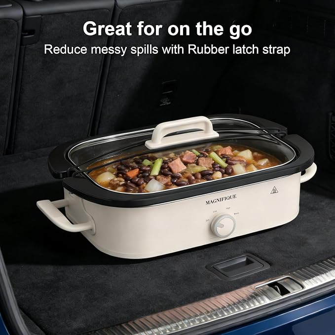 MAGNIFIQUE 4 Quart Slow Cooker with Ceramic Nonstick Baking Dish, Adjustable Temperature, Oven Safe for Lasagna & Roasts, Dishwasher Safe Stoneware & Tempered Glass Lid, Compact Crock Pot, Oatmeal