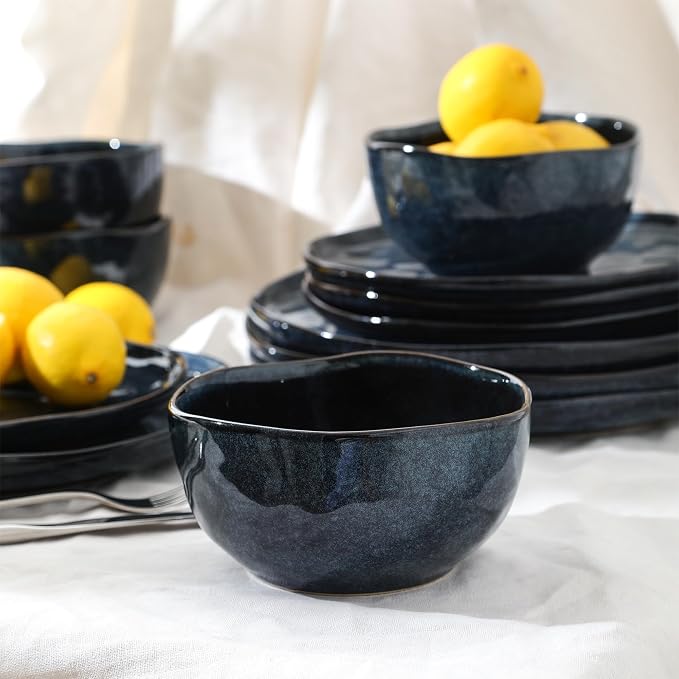Stone Lain Mirella 4-Piece Bowl Set Stoneware, Dishwasher and Microwave Safe Cereal Bowls, Blue