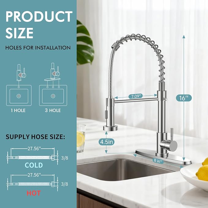FEELSO Kitchen Faucet with Pull Down Sprayer, High Arc Stainless Steel Single Handle Kitchen Sink Faucet, 1 or 3 Hole Brushed Nickel Kitchen Faucets for Farmhouse Camper Rv Bar