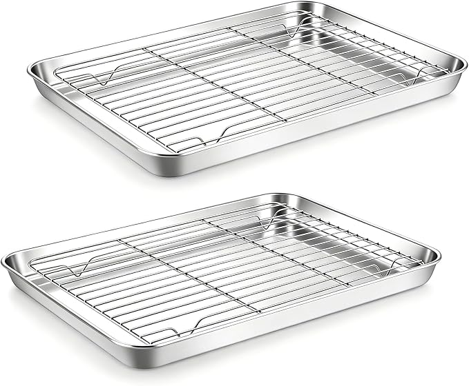 Onader Baking Sheet with Cooling Rack Set of 2, 16x12 Inch Stainless Steel Cookie Sheets for Baking, Metal Jelly Roll Pan with Rack for Oven, 2 Pans + 2 Racks, Nonstick & Rust Resistant
