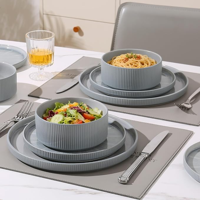Dinnerware Sets, Ceramic Plates and Bowls Set 18 Piece Dinnerware for 6 Chip Resistant Stoneware with Advanced Inkjet Printing Technology, Dishwasher and Microwave Safe-Smoky Blue