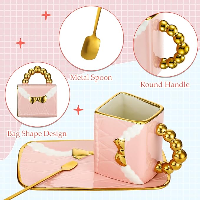 Nitial 2 Sets Mug and Saucer Set Handbag Shaped Ceramic Tea Cup with Saucer Spoon 10 oz/ 310 ml Purse Gift Mug for Office Home Coffee (Pink, Blue)