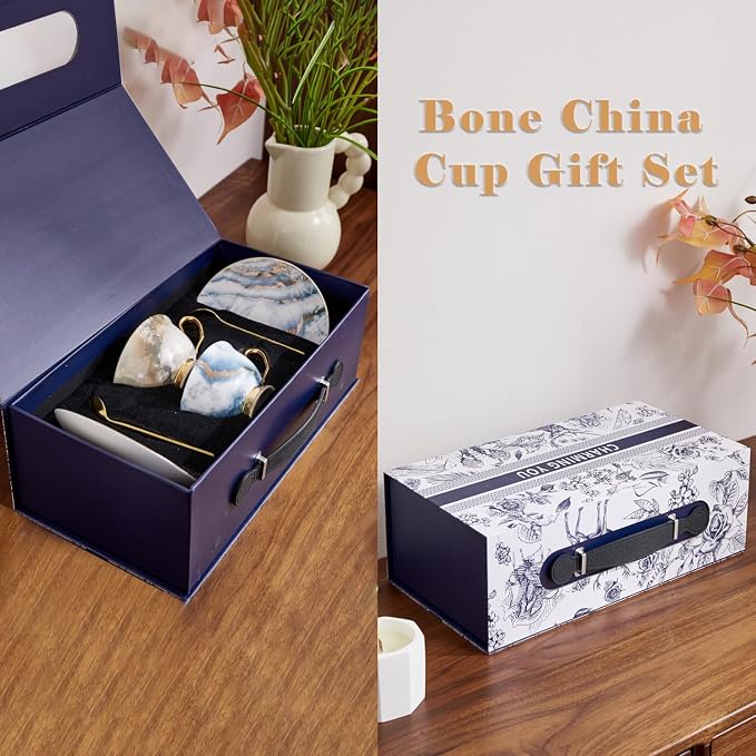 7oz Bone China Coffee Cup Saucer Spoon Set of 2 Iridescent Electro-optic Texture with Gold Rim Elegant Porcelain Tea Coffee Mug Set for Latte Cappuccino Gift for Women Home Wedding
