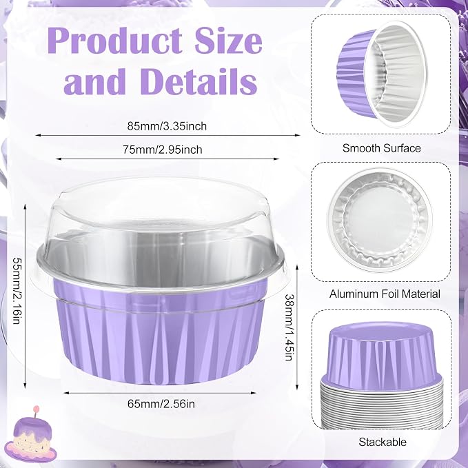 Gejoy 400 Pcs Aluminum Foil Baking Cups with Lids 5 oz Disposable Ramekins Mini Cake Pans Creme Brulee Cupcake Liners Muffin Dessert Container for Wedding Birthday Party (Classic,Light Purple)