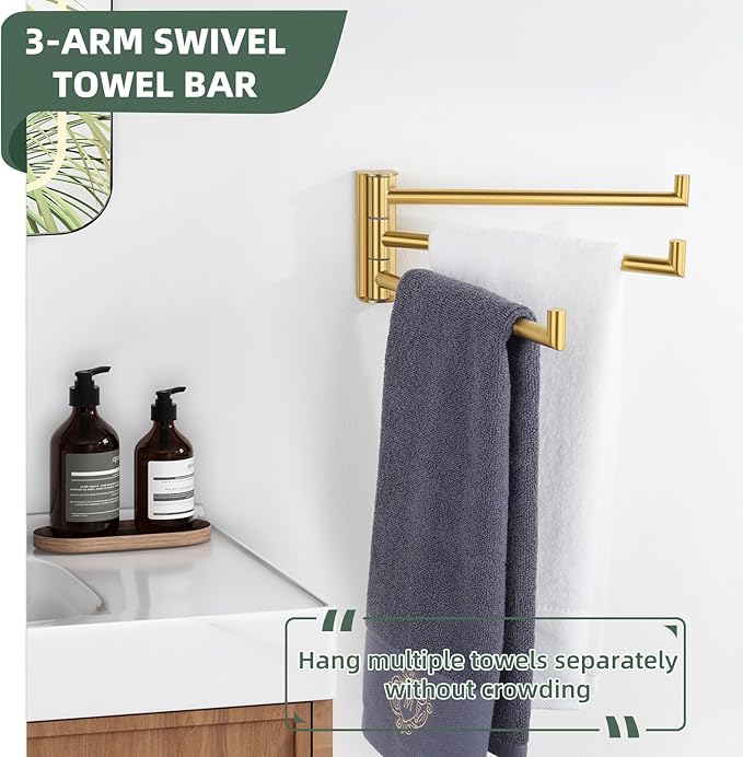 Aomasi Brushed Gold Swivel Towel Rack, 304 Stainless Steel 3-Arm Rotating Bathroom Towel Bar, Rustproof Space-Saving Holder for Kitchen, RV, Laundry Room