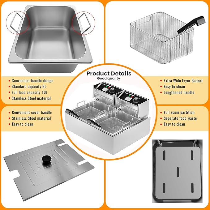 Commercial Deep Fryer with Basket 21QT/20L Stainless Steel Large Capacity | 3400W, 2 Independent Baskets, Countertop, Commercial & Home Use