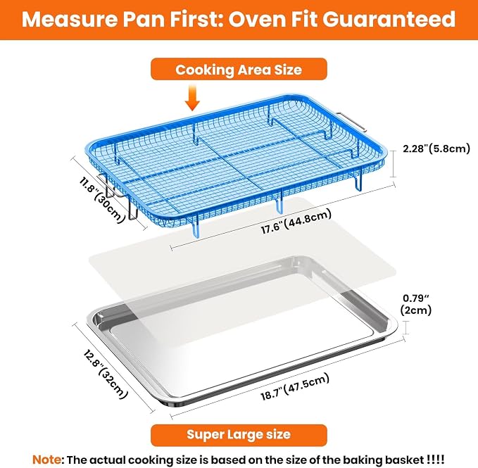 XL Air Fryer Basket & Pans for Oven | Fits 6 lb whole chicken, 18.7"x12.8" 6mm thick steel rack & tray, 30 papers, dishwasher safe ≤150°F, heavy-duty air fry