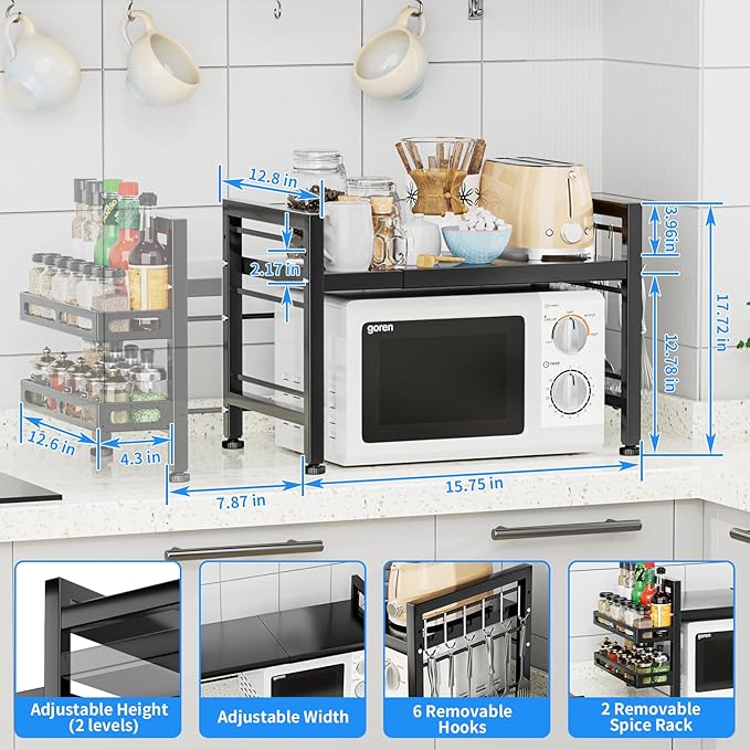 YIUKEA Extendable Microwave Oven Rack - Over Microwave Shelf Countertop 2 Tier Kitchen Microwave Stand (L15.7~23.6" xW12.8 xH17.7) with Spice Rack and 6 Hooks Black