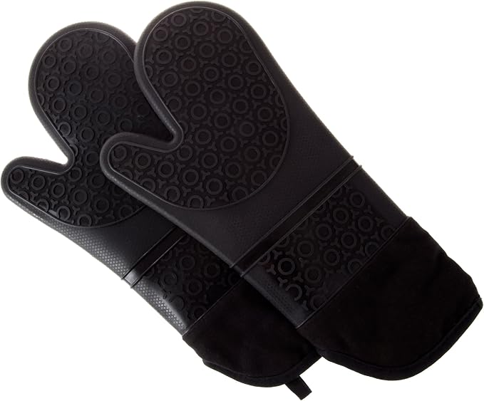 Silicone Oven Mitts – Extra Long Professional Quality Heat Resistant with Quilted Lining and 2-sided Textured Grip – 1 pair Black by Bedford Home
