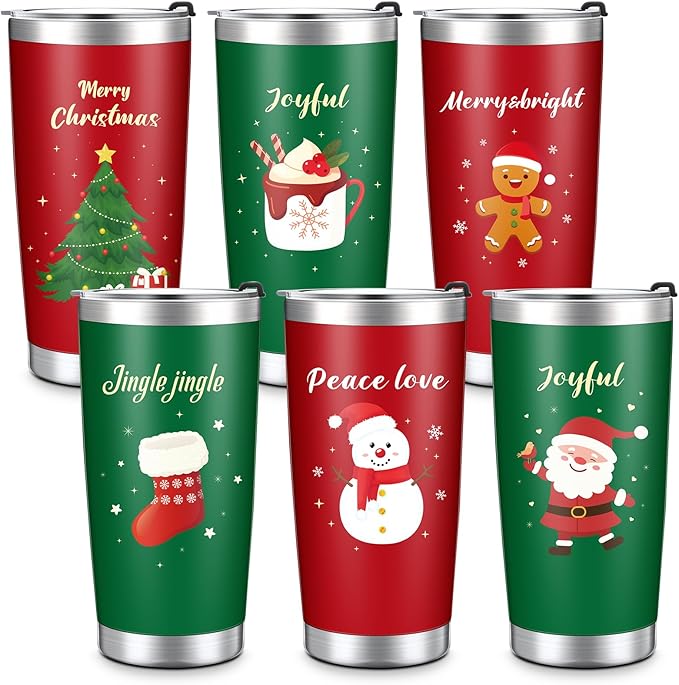 Skylety 6 Pcs 20 oz Christmas Travel Mug Stainless Steel Tumbler Cup with Lid Vacuum Double Wall Insulated Travel Coffee Christmas Gifts Mugs for Drinking Women Men Coworker Friends