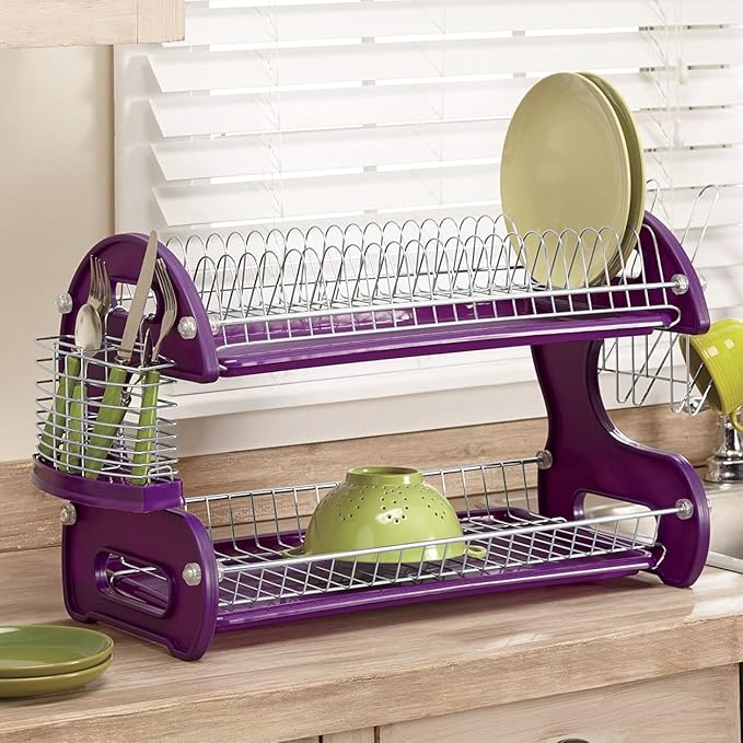 Montgomery Ward Retro 2-Tier Dish Rack, Space-Saving Design, Durable Plastic and Chrome-Plated Wire, Easy Assembly (Purple Punch)
