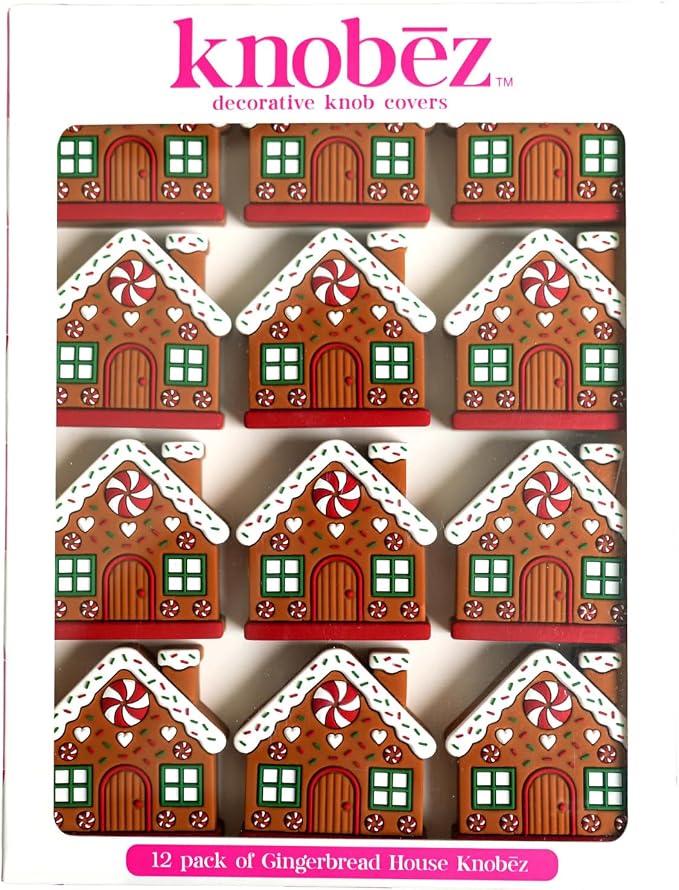 Knobēz: Decorative Knob Covers - Gingerbread House - 12pk - Stretch Over Hardware Decorations, Holiday-Winter-Christmas, Kitchen-Bathroom-Dresser-Home