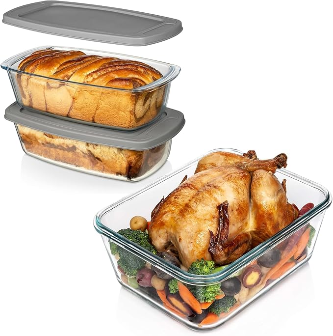 Razab Loaf Pan Set of 2 + 3300 ml / 112 Oz Large Glass Food Storage Containers with Lids, Airtight Large Glass Meal Prep Containers Reusable Leak Proof & BPA Free