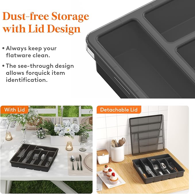 Lifewit Silverware Organizer with Lid, Covered Utensil Tray for Kitchen Drawer and Countertop, Lifewit Silverware Drawer Organizer, Expandable Utensil Tray for Kitchen, BPA Free Flatware and Cutlery H