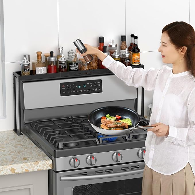 BOIVSHI Stove Top Shelf, Kitchen Over Shelf for Stove, Stove Spice Rack for Top, Adjustable 27-33inch, Fits Various Stove Lengths, Kitchen Spice Organizer, Condiments and BBQ Sauces, Black