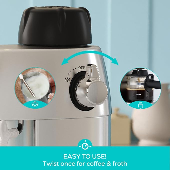 CASABREWS 3.5 Bar 4 Cup Espresso Cappuccino Machine with Milk Frother | Stainless Steel, Milk Frother, Dual Safety Switches, 800W, Compact for Home, Brew Espresso, Latte, Cappuccino, Iced Coffee