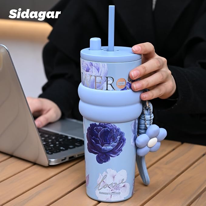 24 oz Stainless Steel Tumbler with Lid and Straw, Insulated Coffee Mug, Leak Proof, Portable Iced Travel Water Bottle, Reusable Thermal Coffee Cup, Floral Blue