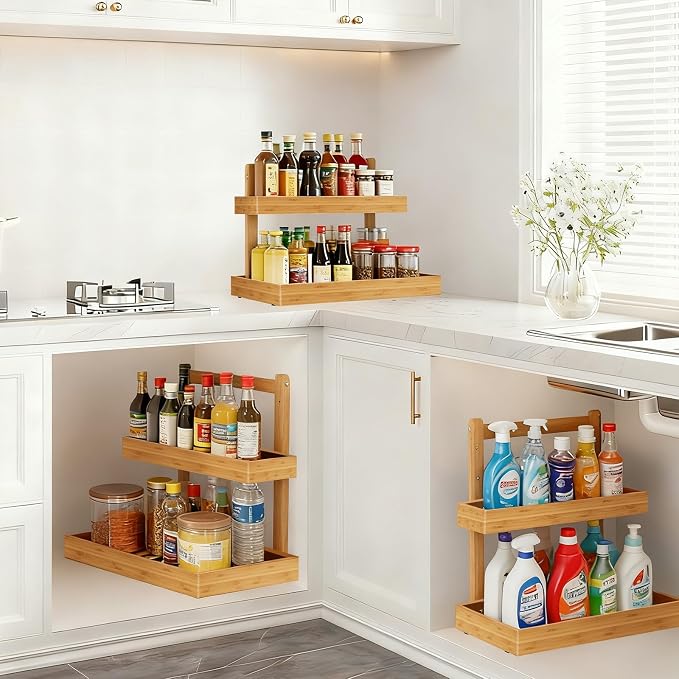 Bamboo Undersink Organizer Storage - 2-Tier Cabinet Shelf with Adjustable Levels, Under Sink Storage Slide Out for Cabinet Pantry Kitchen Bathroom (Natural, 2 Packs)