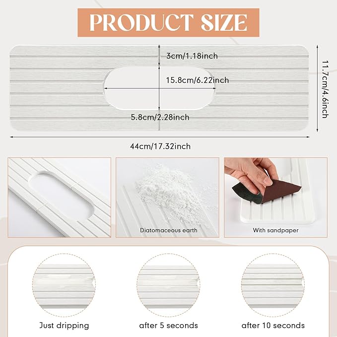 Teenyyou an Oval Hole White Faucet Mat for Kitchen Sink Bathroom 17.32" x 4.6" Kitchen Faucet Absorbent Mat Diatomite Splash Guard Quick Drying Stone Drip Catcher Hole 6.22" x 2.28"