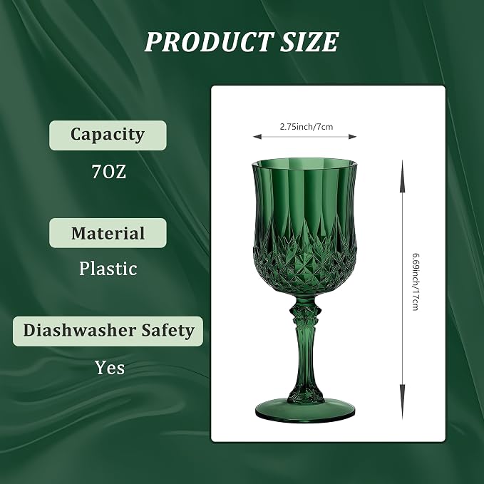 7OZ Plastic Wine Glasses, Reusable Vintage Goblets Unbreakable Drinking Glasses Crystal Water Cups Champagne for Wedding, Parties (12, Dark Green)