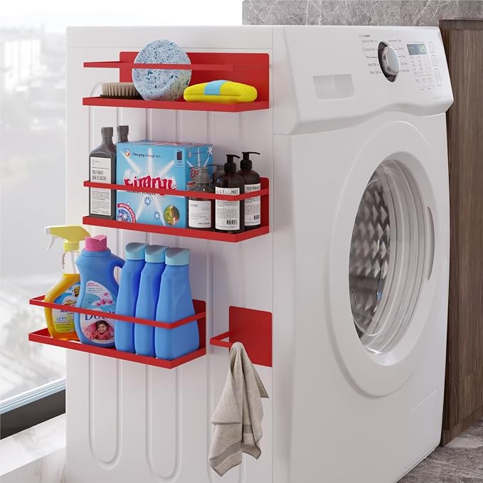 Magnetic Spice Rack For Refrigerator, Space Saving Magnetic Shelf For Fridge Red 4 Pack With Magnetic Paper Towel Holder