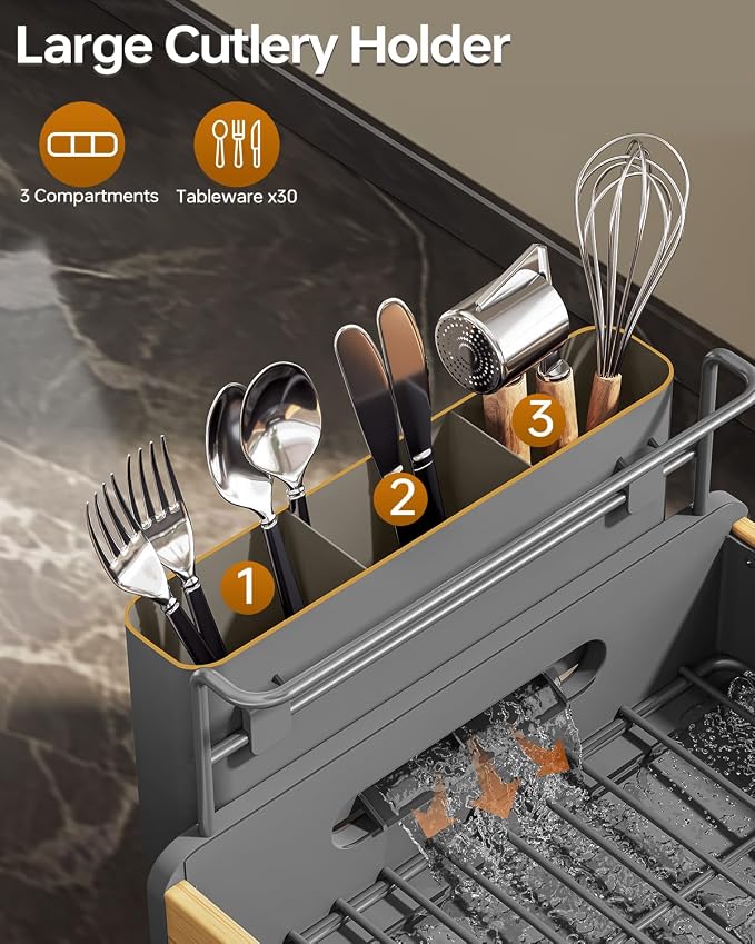 Urackify Dish Drying Rack for Kitchen Counter - Stainless Steel & Bamboo Dish Rack with Large Removable Utensil Holder, Dish Drainer with Adjustable Automatic Spout, Grey