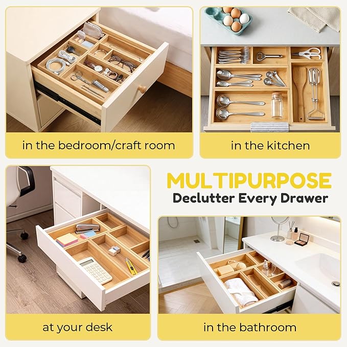 lilLittle Bamboo Drawer Organizer, 8 Pcs Kitchen Drawer Organizer Set, Multi Purpose Utensil Drawer Organizer, Silverware Organizer for Kitchen, Bathroom, Office, Junk Drawers