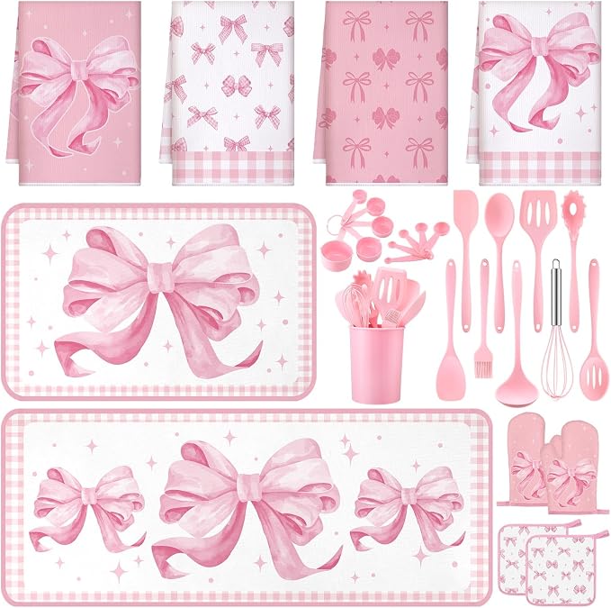 Fourluoo 30 Pcs Pink Bow Kitchen Decor and Utensils Set Pink Kitchen Towels and Rugs Oven Mitts and Pot Holders Non Toxic Silicone Utensils Set Heat Resistant Dishwasher for Women Mom Gift Cooking