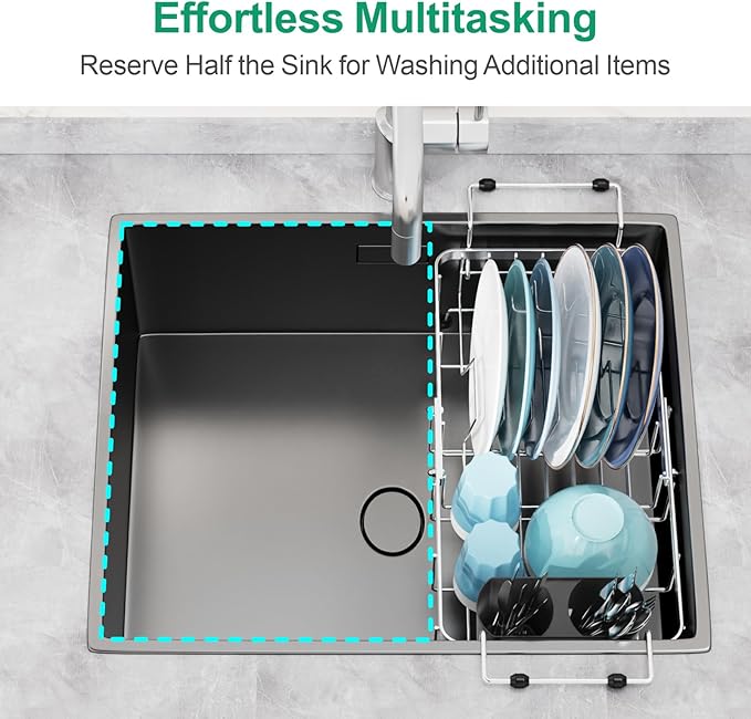 GSlife Small Sink Dish Drying Rack with Silicone Drying Mat - 9" W Expandable Stainless Steel Compact Dish Drainer with Lock Knob for RV, Apartment, Camper, Kitchen, 11.9"-16.7" L, Silver