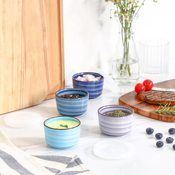Selamica 4 oz Ramekins with Lids Oven Safe, Creme Brulee Souffle Dishes Ramekins with Covers, Porcelain Custard Cups for Baking, Stackable Mini Ramekin Bowls for Pudding Dip Sauces, Set of 6, Gradient Blue