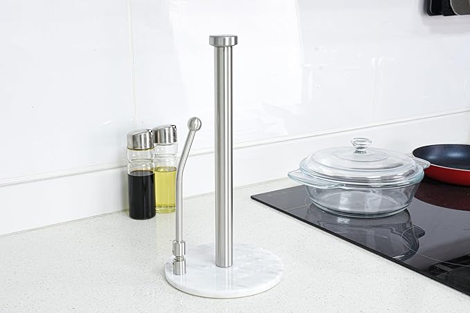 Paper Towel Holder with Marble Base – Weighted Countertop Stand, One-Hand Tear, Stainless Steel Rod, Natural Stone Base, Available in Gray & White Marble