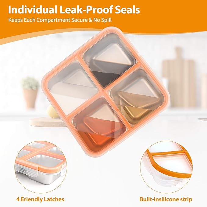 4 Pack Stainless Steel Snack Containers with Lids, 4-Compartment Leakproof Bento Snack Boxes, Reusable Dishwasher Safe Food Storage Containers for Adults, Office, Travel & Meal Prep (4pack-a)
