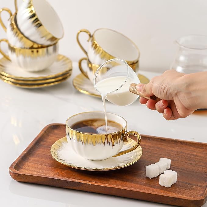 LETAOTAO Cappuccino Cups with Saucers, 7 oz Porcelain Double Espresso Cups Set, Ceramic Turkish Coffee Cups with Gold Trim, Tea Cups Set of 6, Cafe Cups for Latte, Mocha, Au Lait, White