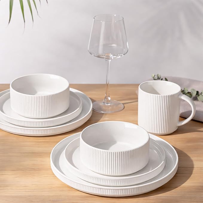 GBHOME Stoneware Dinnerware Sets for 4, 12 Pieces Lightweight Ceramic Ribbed Plates and Bowls Set, Reactive Glaze Stackable Plate Sets, Scratch Resistant Dishes, Microwave & Dishwasher Safe,White
