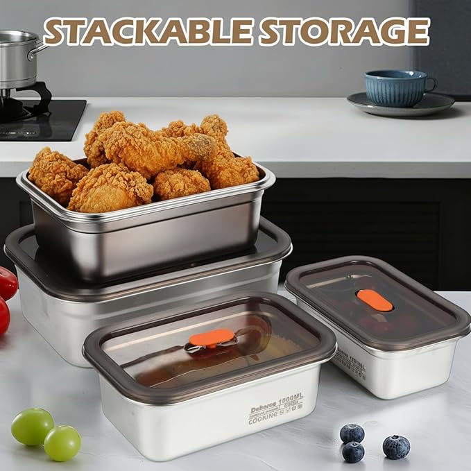 4 Pack Large Stainless Steel Food Storage Containers with Leak-proof Lids 316 Metal Meal Prep Container Lunch Box Freezer Safe Microwave Safe for Meal Prep Bento (41oz, 61oz, 95oz, 128oz)