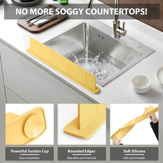 20Inch Silicone Sink Splash Guard with Strong Suction Cups, Flexible Kitchen Sink Splash Guard for Front/Back of Sink, Easy to Clean Splash Guard for Kitchen & Bathroom (Yellow, 20.5''x2.8'')