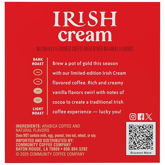 Community Coffee Irish Cream Flavored Coffee Pods, 10 count, Medium Roast Compatible with Keurig 2.0 K-Cup Brewers, 10 Count (Pack of 2)