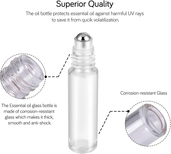 PrettyCare Set of 60, 10 ml Essential Oil Roller Bottles with Stainless Steel Roller Ball - Bulk Refillable Leak-proof Empty Clear Glass Roll on Bottles with Silver Metal Caps for Travel, Perfume