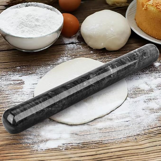 Marble Rolling Pin with Stand, 15.7" Black Stone French Heavy Polished Non Stick Cookie Pizza Pastry Dough Baker Roller for Kitchen Baking