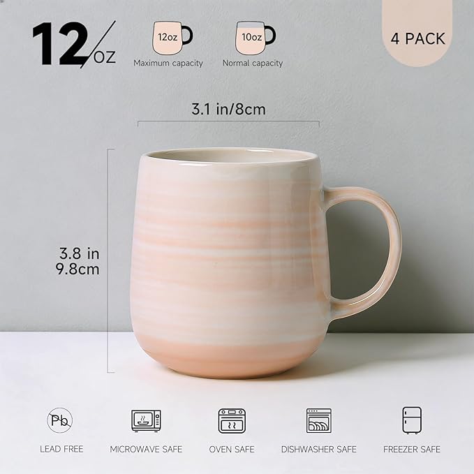 Coffee Mugs, Set of 4, Light Orange Ceramic Coffee Cups with Elegant Texture & Comfortable Handle, 12oz Stoneware Mugs - Dishwasher & Microwave Safe, Design for Home, Office, Cafe