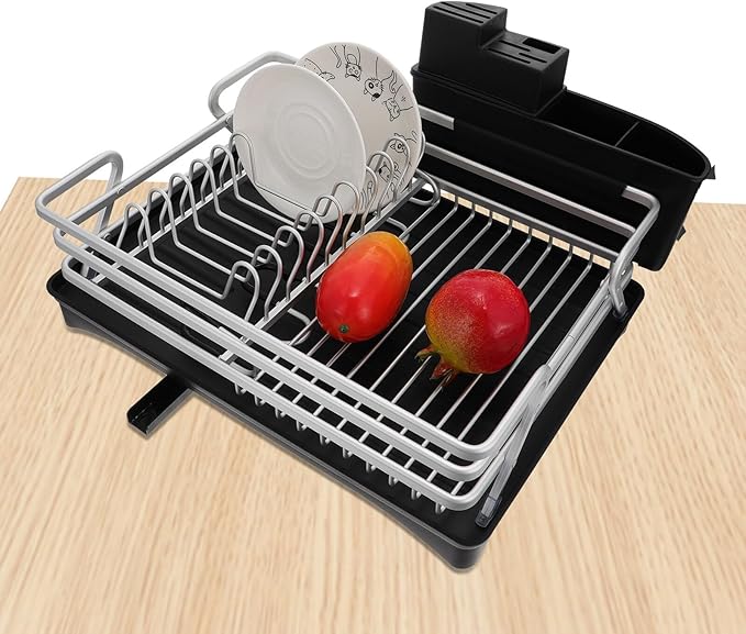 Garneck Multi-Function Aluminum Alloy Dish Draining Rack with Silver Frame and Black Base, Kitchen Storage Shelf for Dish Organization and Drying, Sink-Compatible Kitchen Organizer