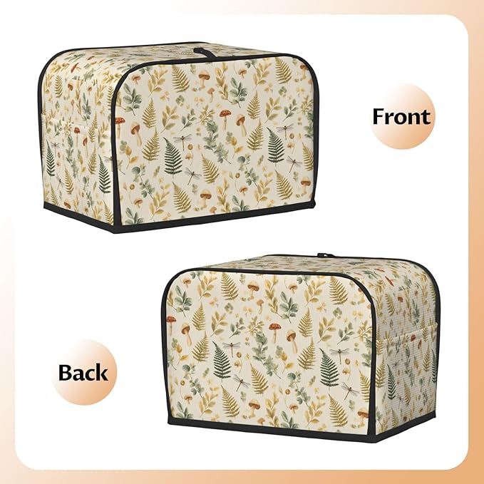 2 Slice Toaster Cover for Kitchen Mushroom Botanical Leaf aterproof and Dustproof Toaster Dust Cover with Side Pockets Decorative Universal Cover for Wide Slot Toasters and Small Appliances